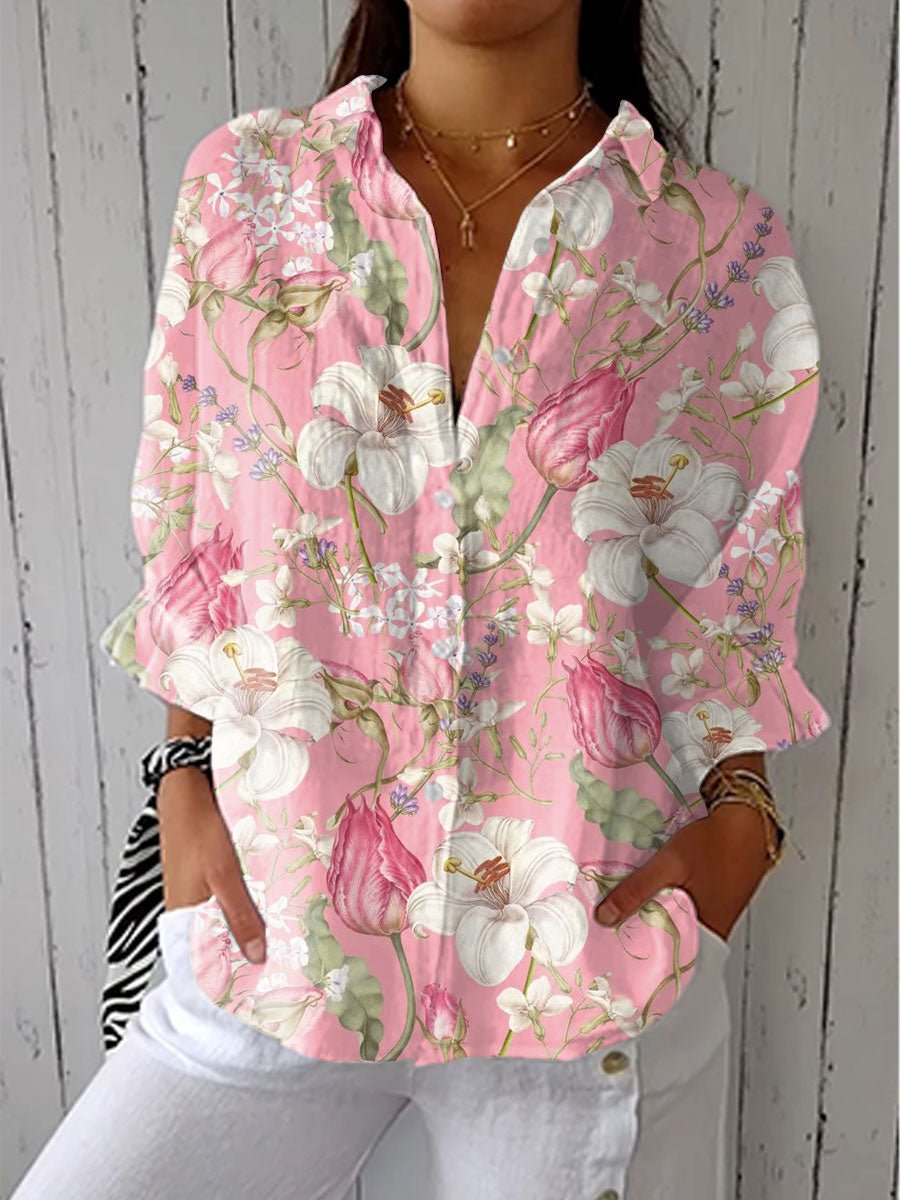 Women's Button Front Blouse V-Neck Long Sleeve - Multicolor