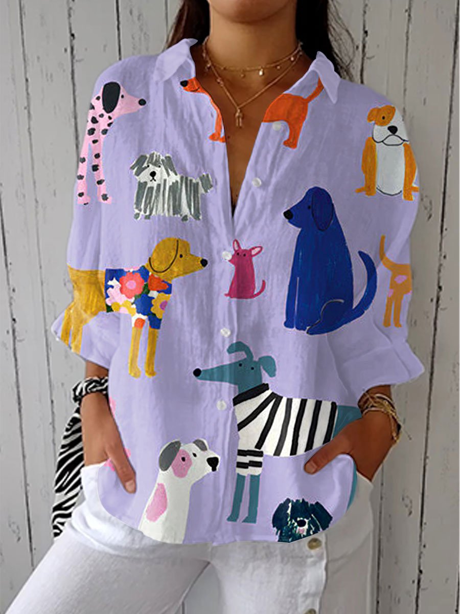 Women's Button-Front Dog Print Relaxed-Fit Blouse - Multicolor