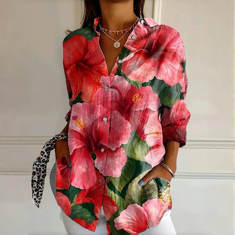 Women's Button-Up Floral Blouse Long Sleeve Oversized - Roses