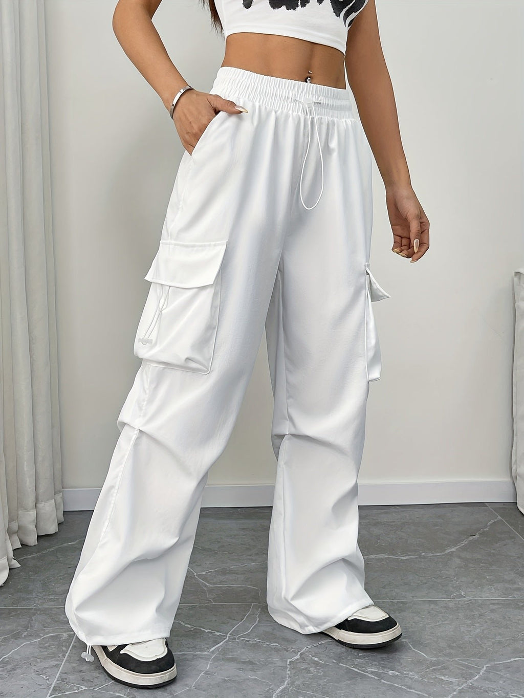 Women's Cargo Pants Drawstring Waist Parachute Wide Leg - White