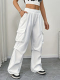 Women's Cargo Pants Drawstring Waist Parachute Wide Leg - White