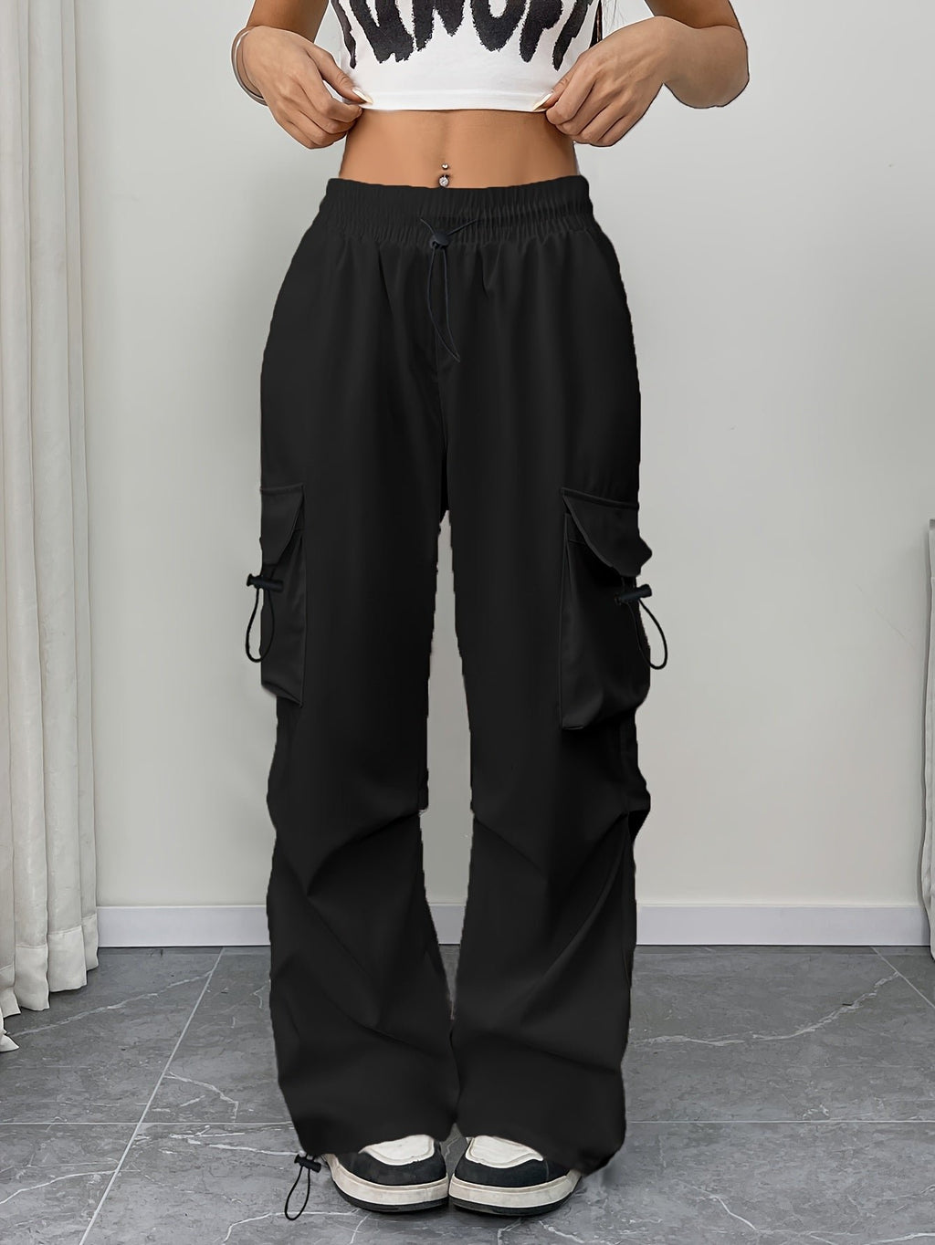Women's Cargo Pants Drawstring Waist Parachute Wide Leg - Black