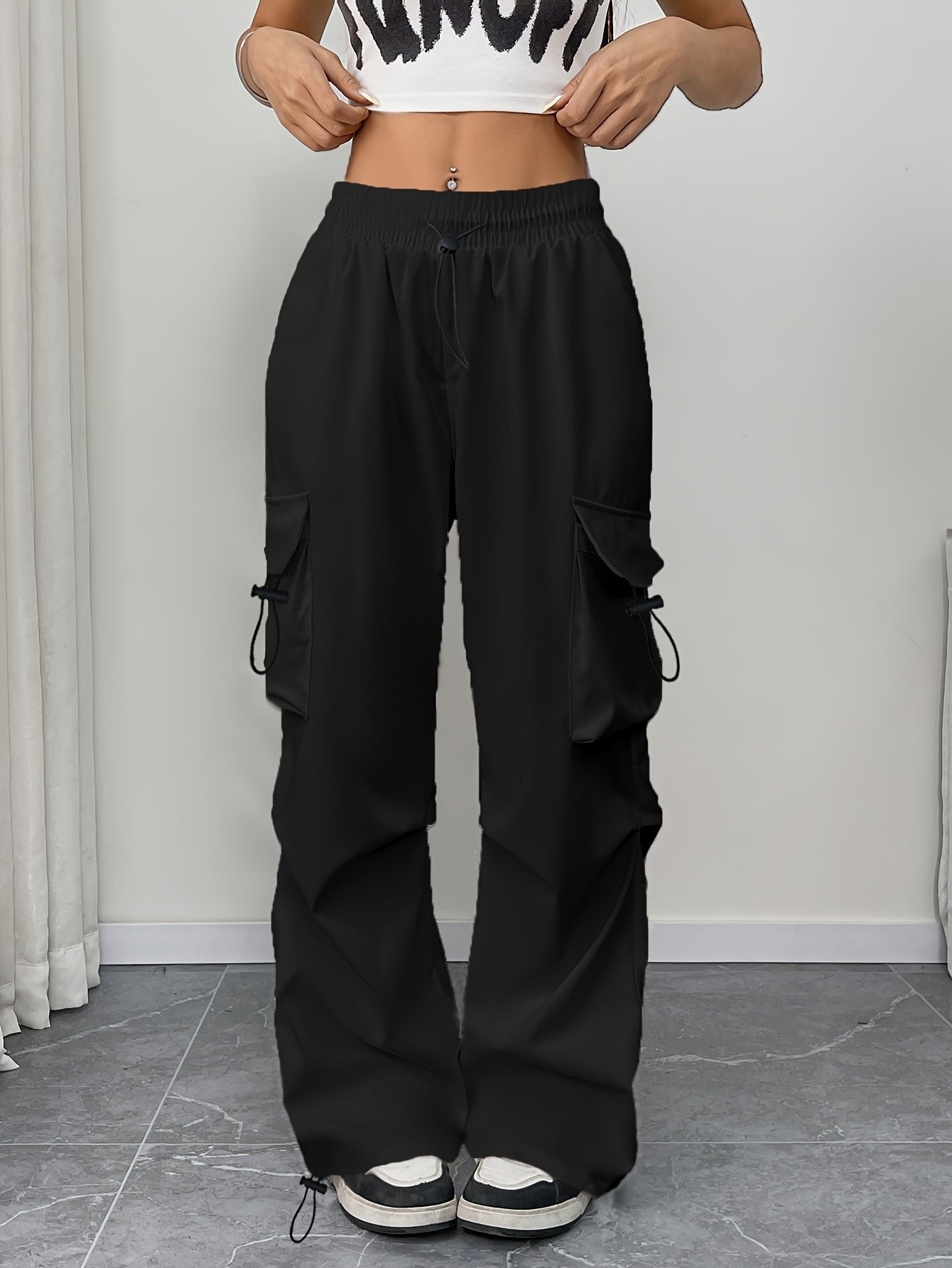 Women's Cargo Pants Drawstring Waist Parachute Wide Leg - Black