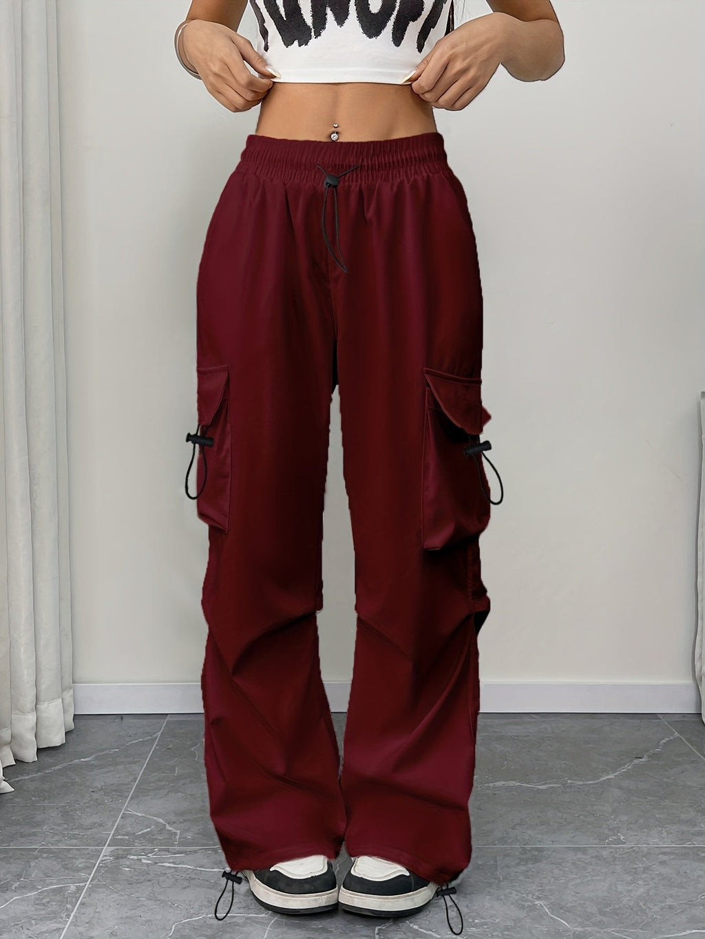 Women's Cargo Pants Drawstring Waist Parachute Wide Leg - Burgundy