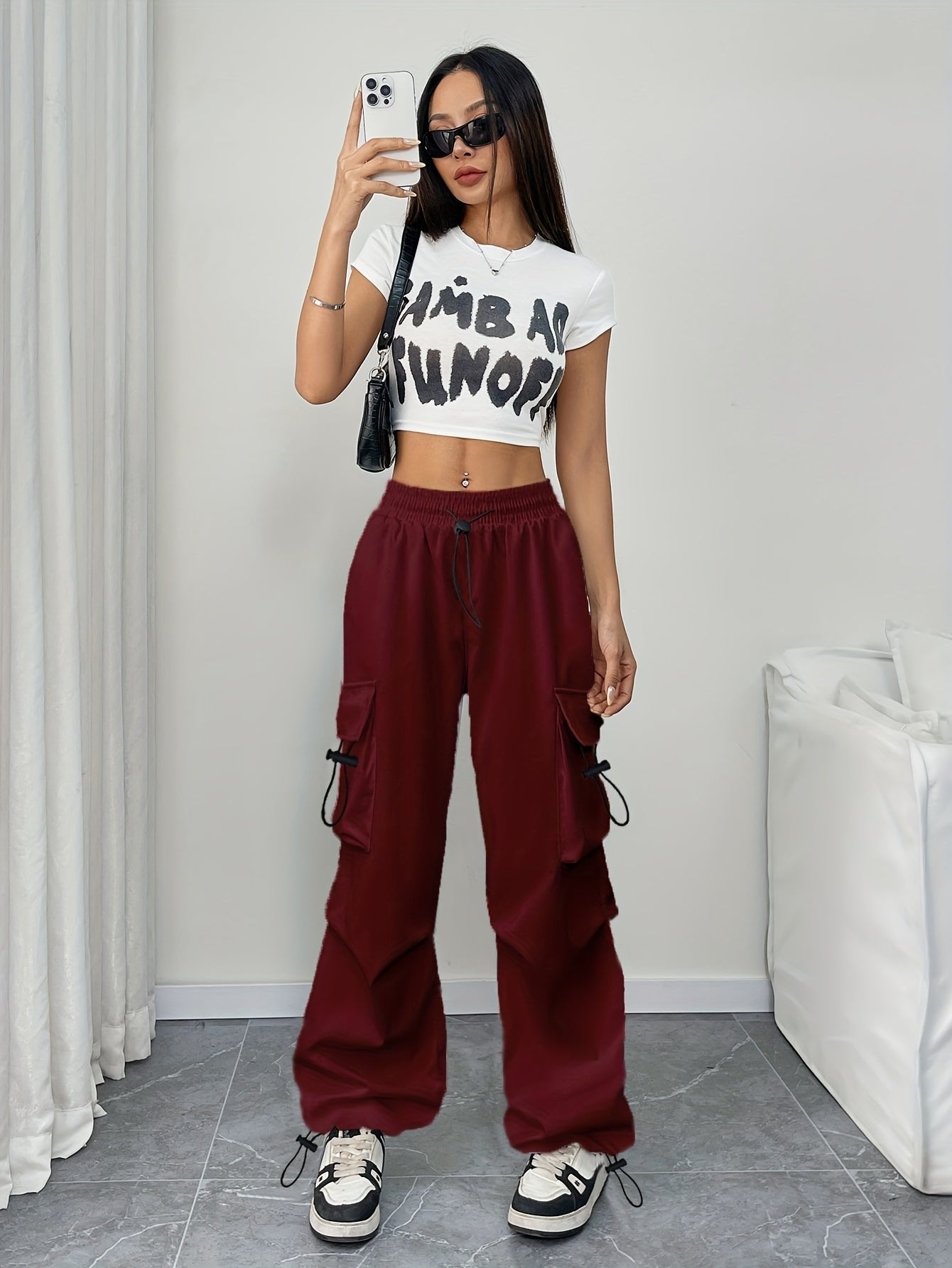 Women's Cargo Pants Drawstring Waist Parachute Wide Leg