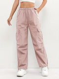 Women's Cargo Parachute Pants Drawstring Waist Multi-Pocket - Pink