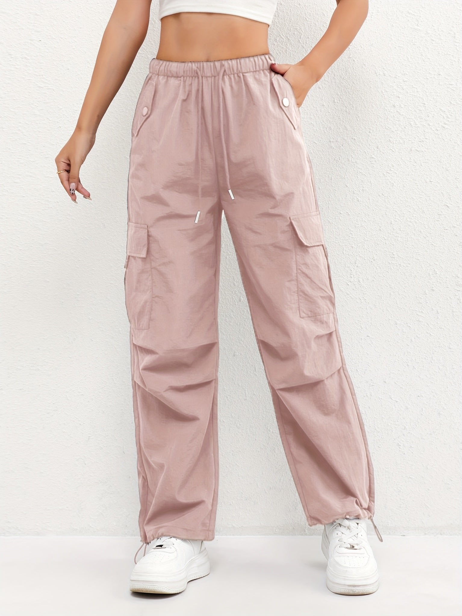 Women's Cargo Parachute Pants Drawstring Waist Multi-Pocket - Pink