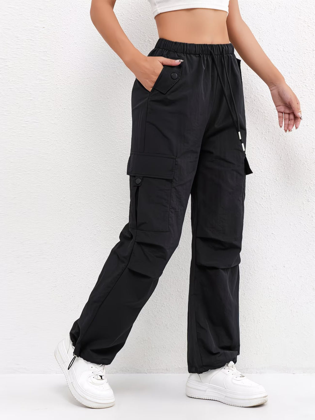 Women's Cargo Parachute Pants Drawstring Waist Multi-Pocket - Black