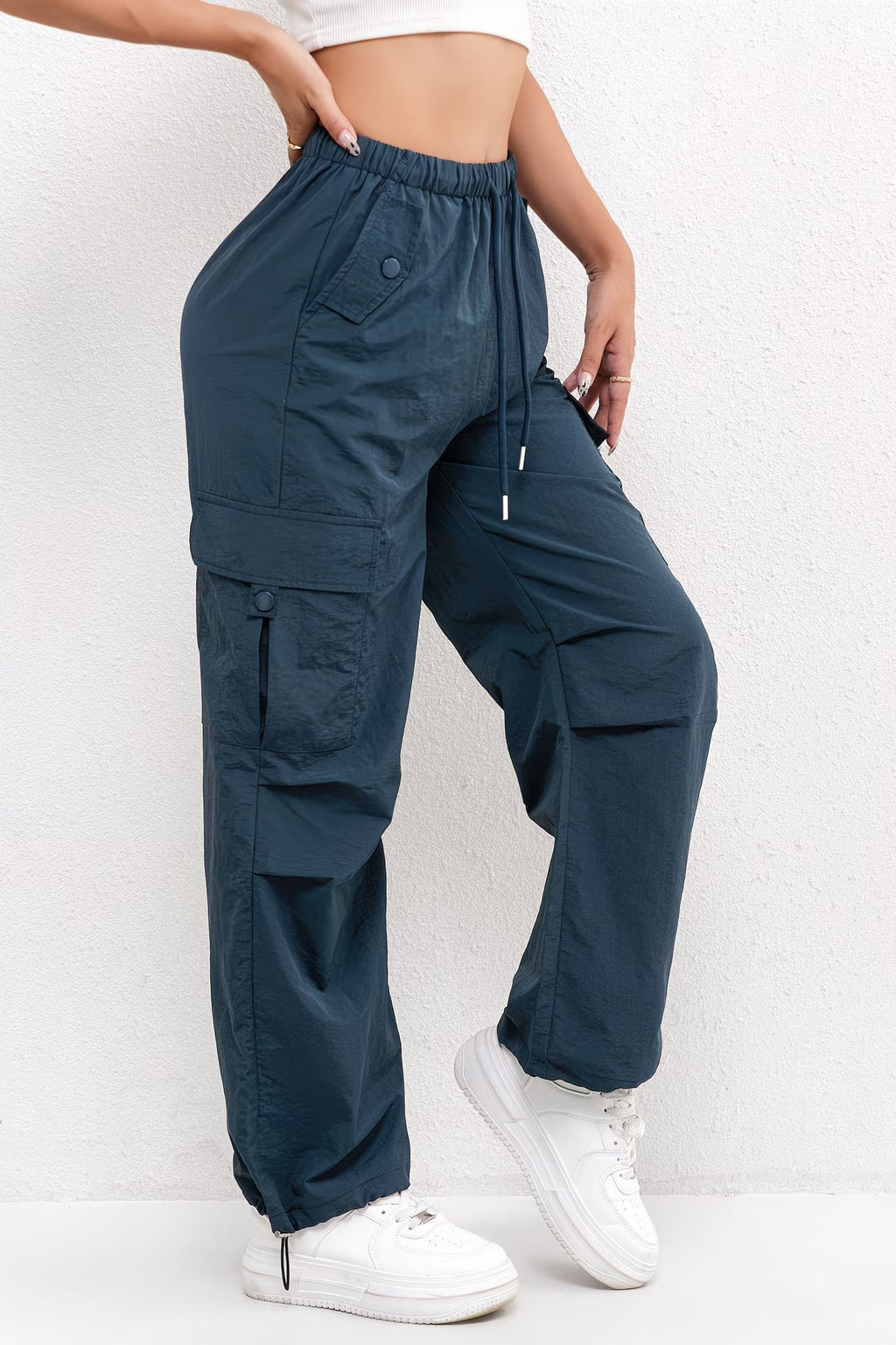 Women's Cargo Parachute Pants Drawstring Waist Multi-Pocket - Blue