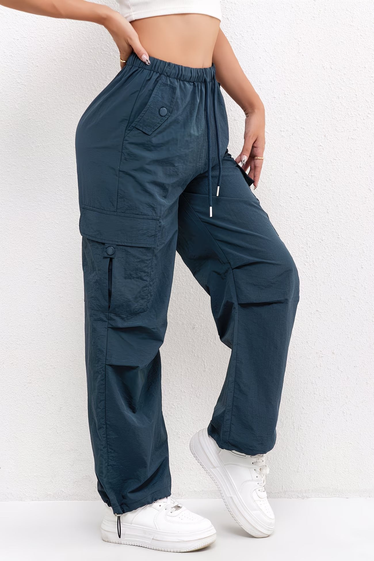 Women's Cargo Parachute Pants Drawstring Waist Multi-Pocket - Blue