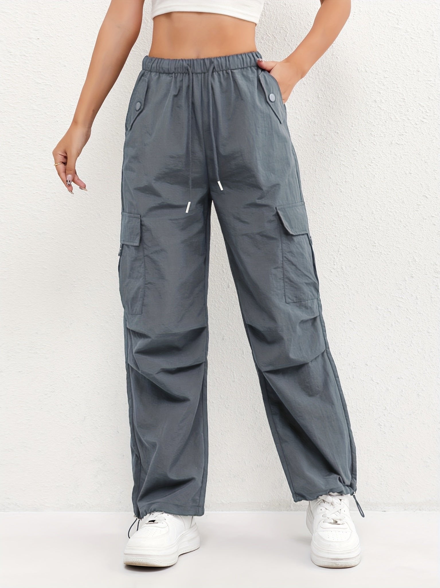 Women's Cargo Parachute Pants Drawstring Waist Multi-Pocket - Gray