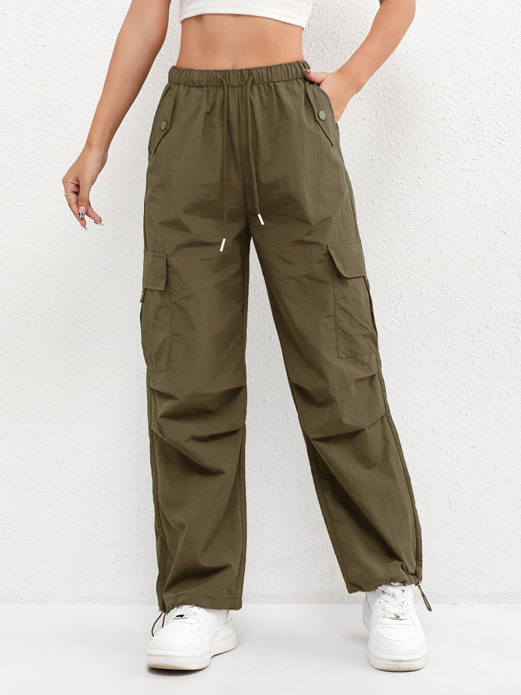 Women's Cargo Parachute Pants Drawstring Waist Multi-Pocket - Green