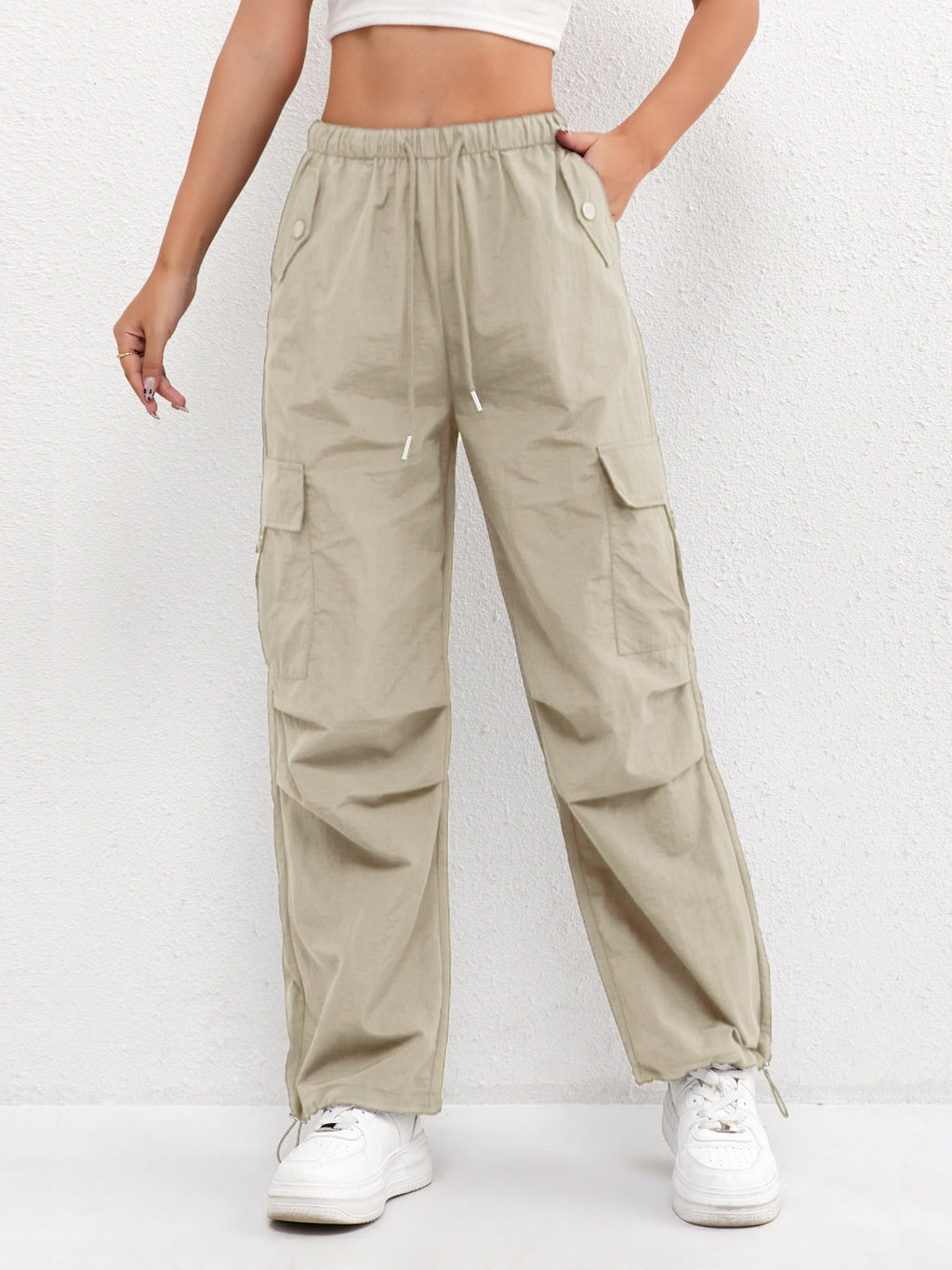 Women's Cargo Parachute Pants Drawstring Waist Multi-Pocket - Khaki