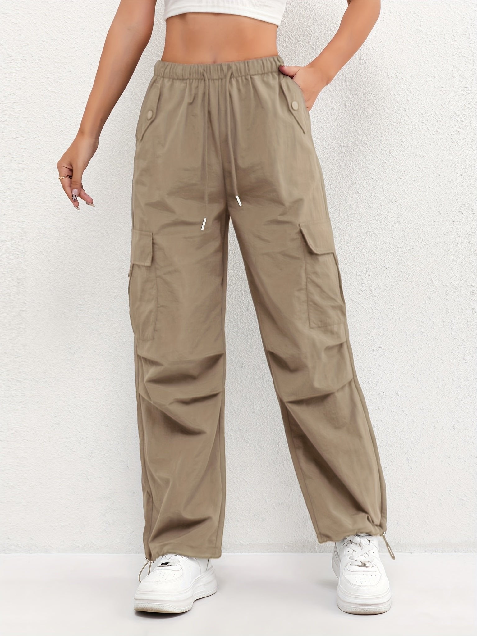 Women's Cargo Parachute Pants Drawstring Waist Multi-Pocket - Brown