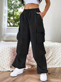 Women's Cargo Parachute Pants Loose Fit Drawstring - Black
