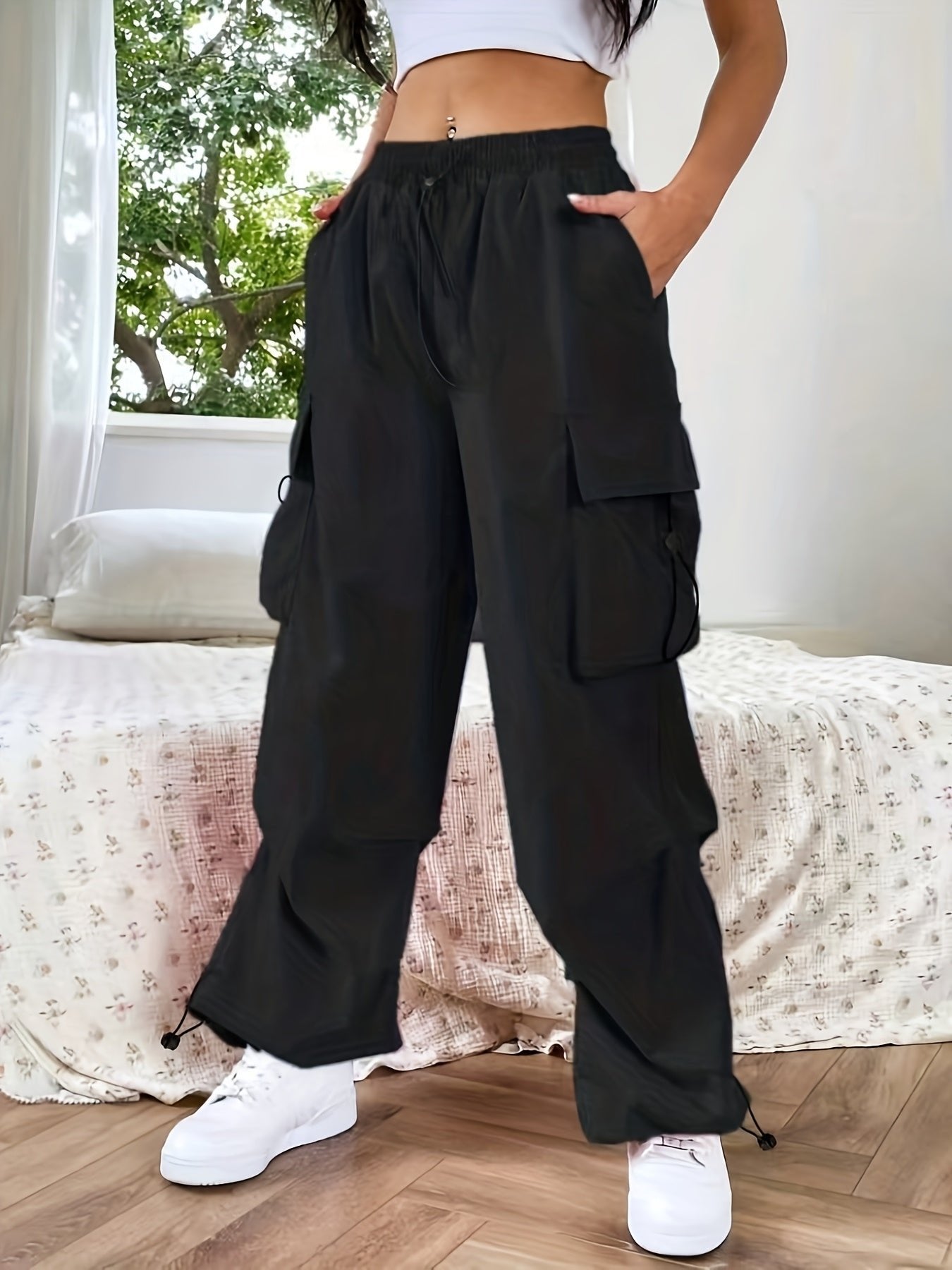 Women's Cargo Parachute Pants Loose Fit Drawstring - Black