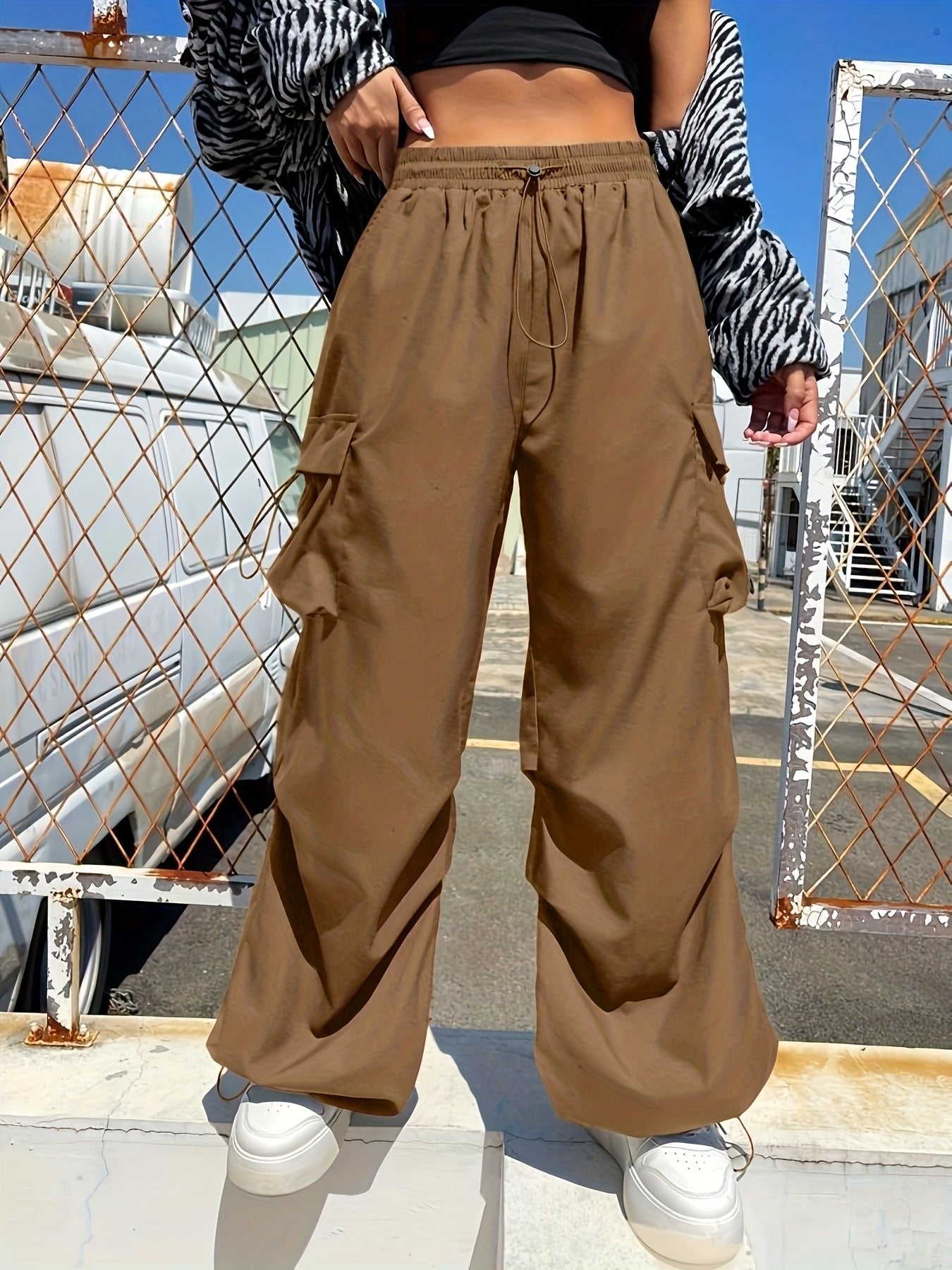 Women's Cargo Parachute Pants Loose Fit Drawstring - Brown