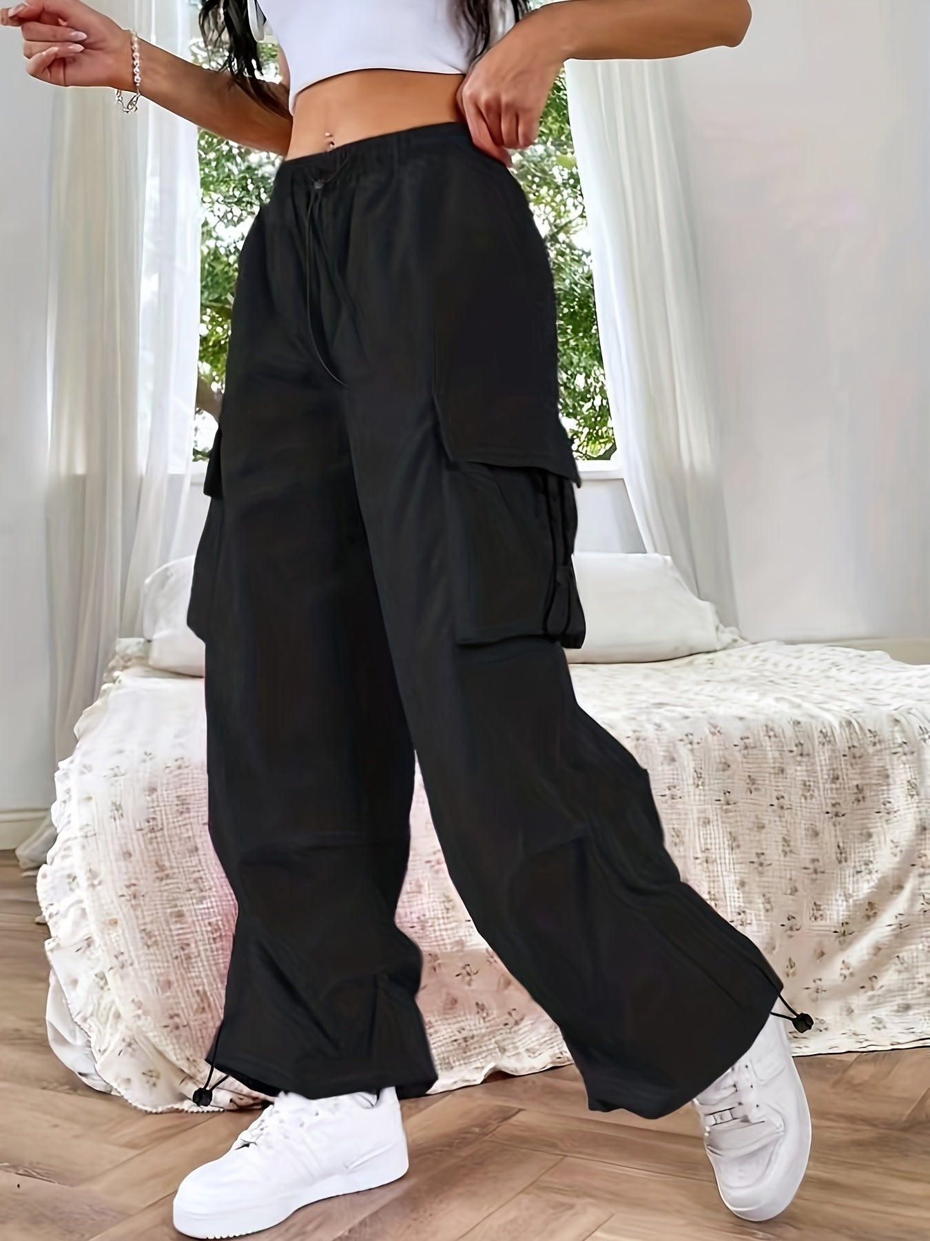 Women's Cargo Parachute Pants Loose Fit Drawstring