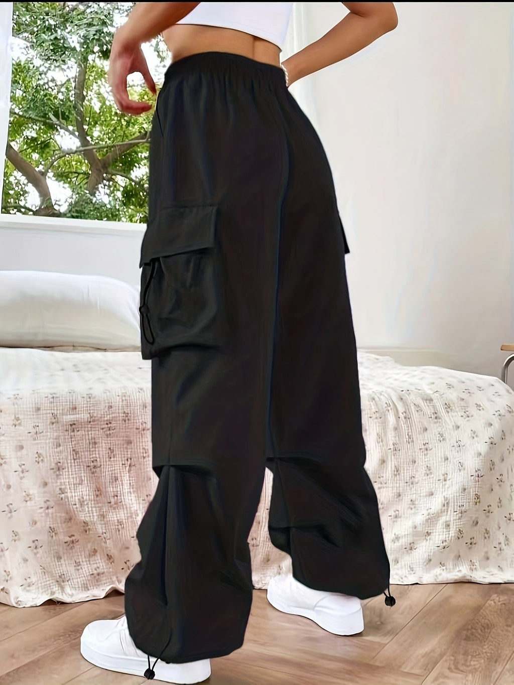 Women's Cargo Parachute Pants Loose Fit Drawstring