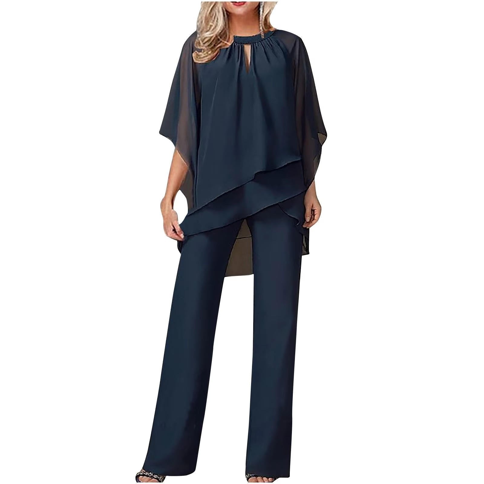 Women's Cargo Style Chiffon Overlay Pantsuit Wide Leg - Navy Blue