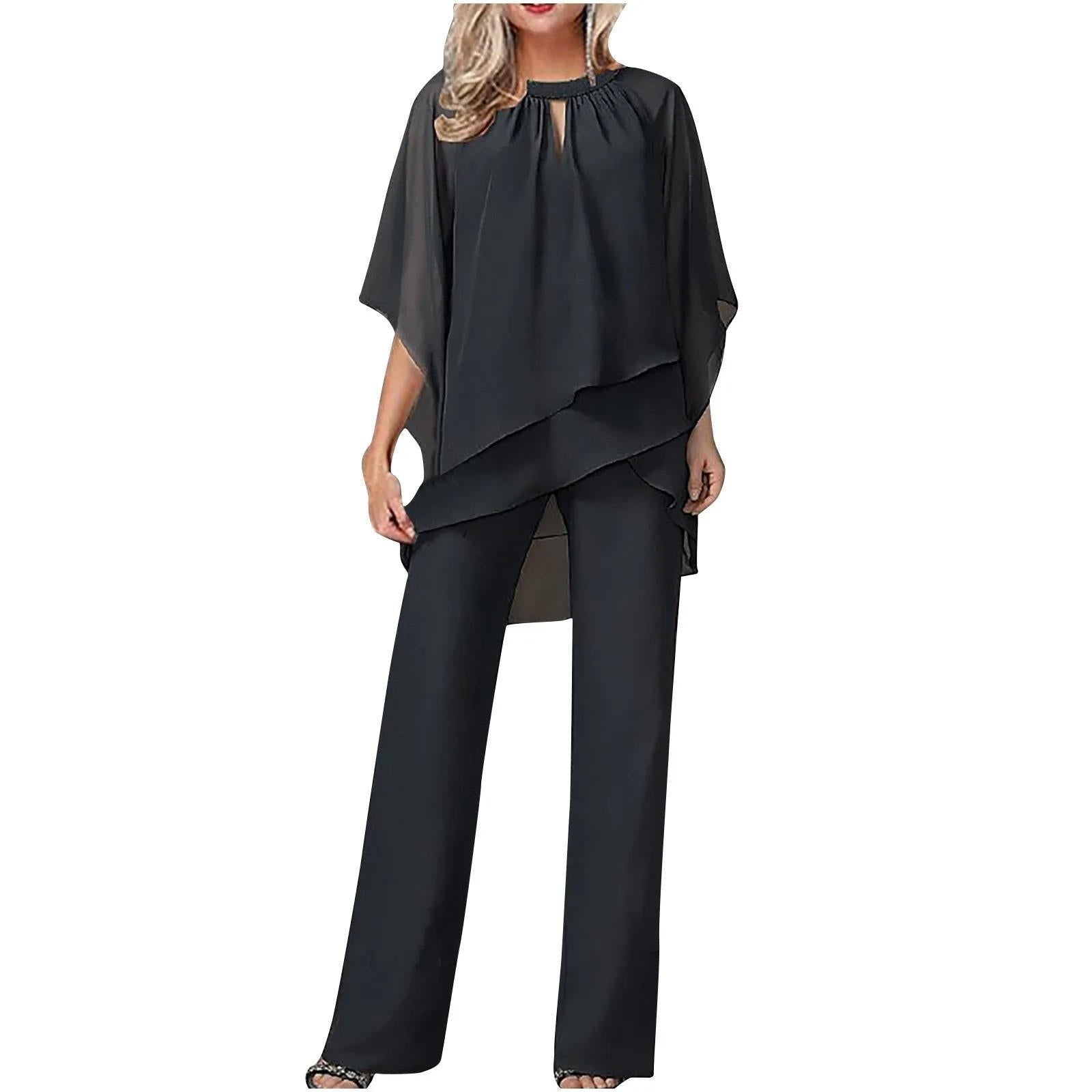 Women's Cargo Style Chiffon Overlay Pantsuit Wide Leg - Black
