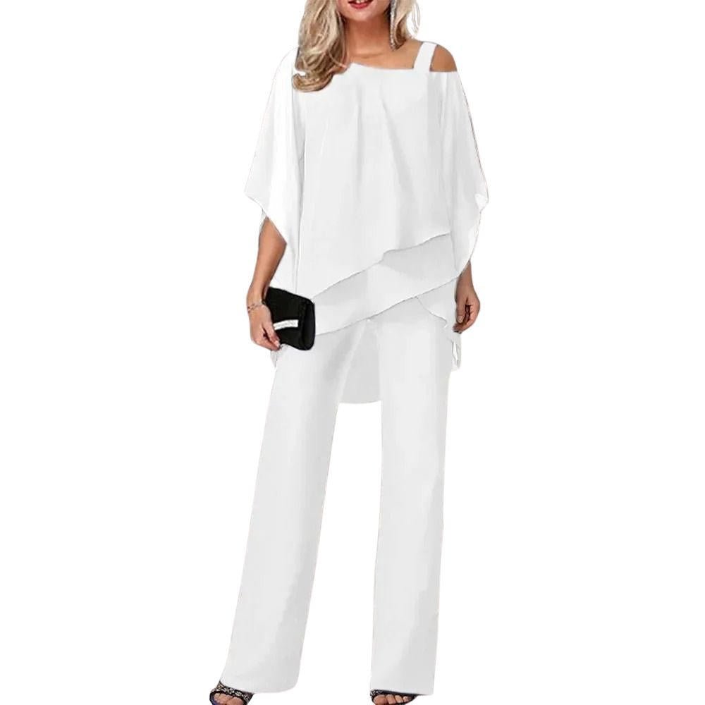 Women's Cargo Style Chiffon Overlay Pantsuit Wide Leg - White