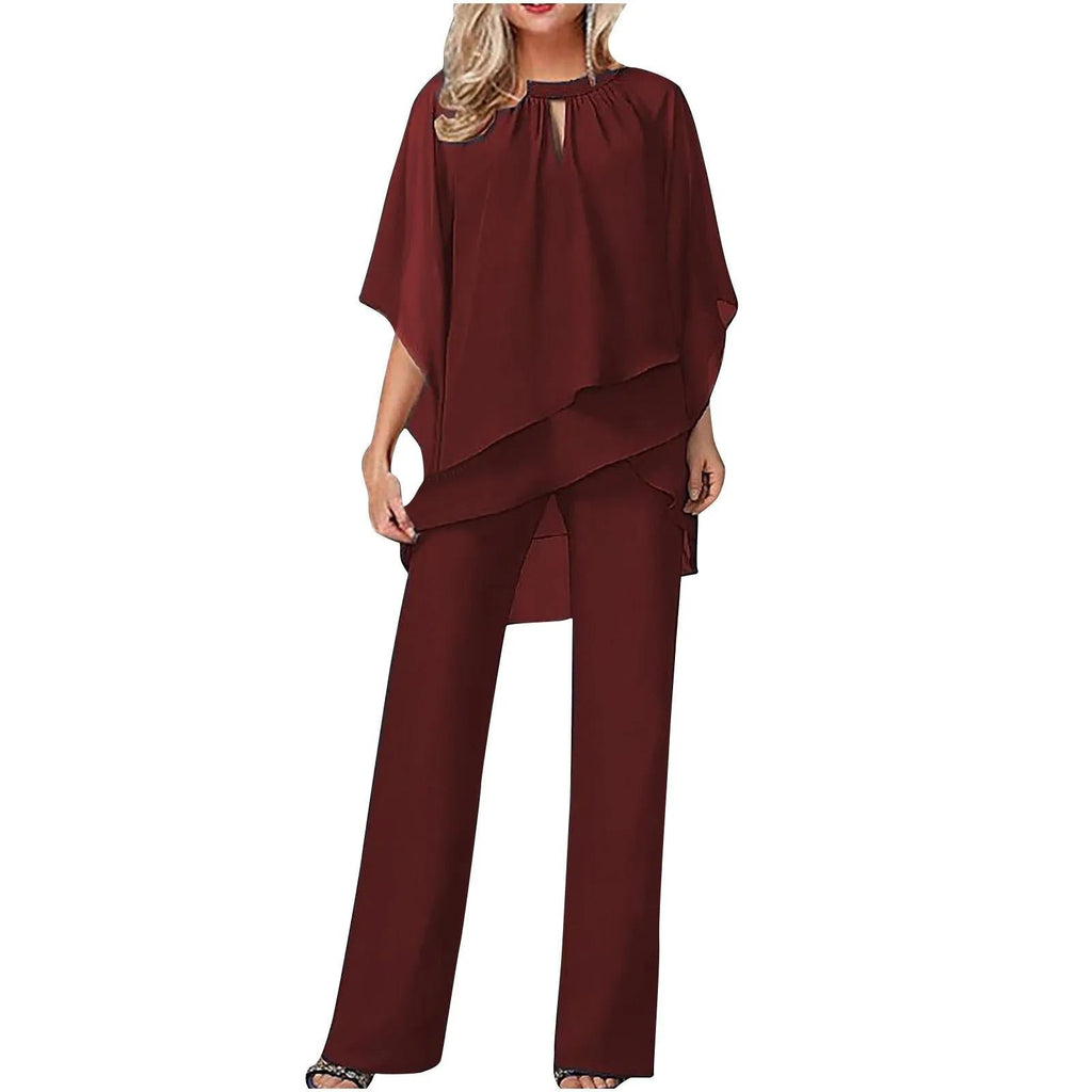 Women's Cargo Style Chiffon Overlay Pantsuit Wide Leg - Burgundy