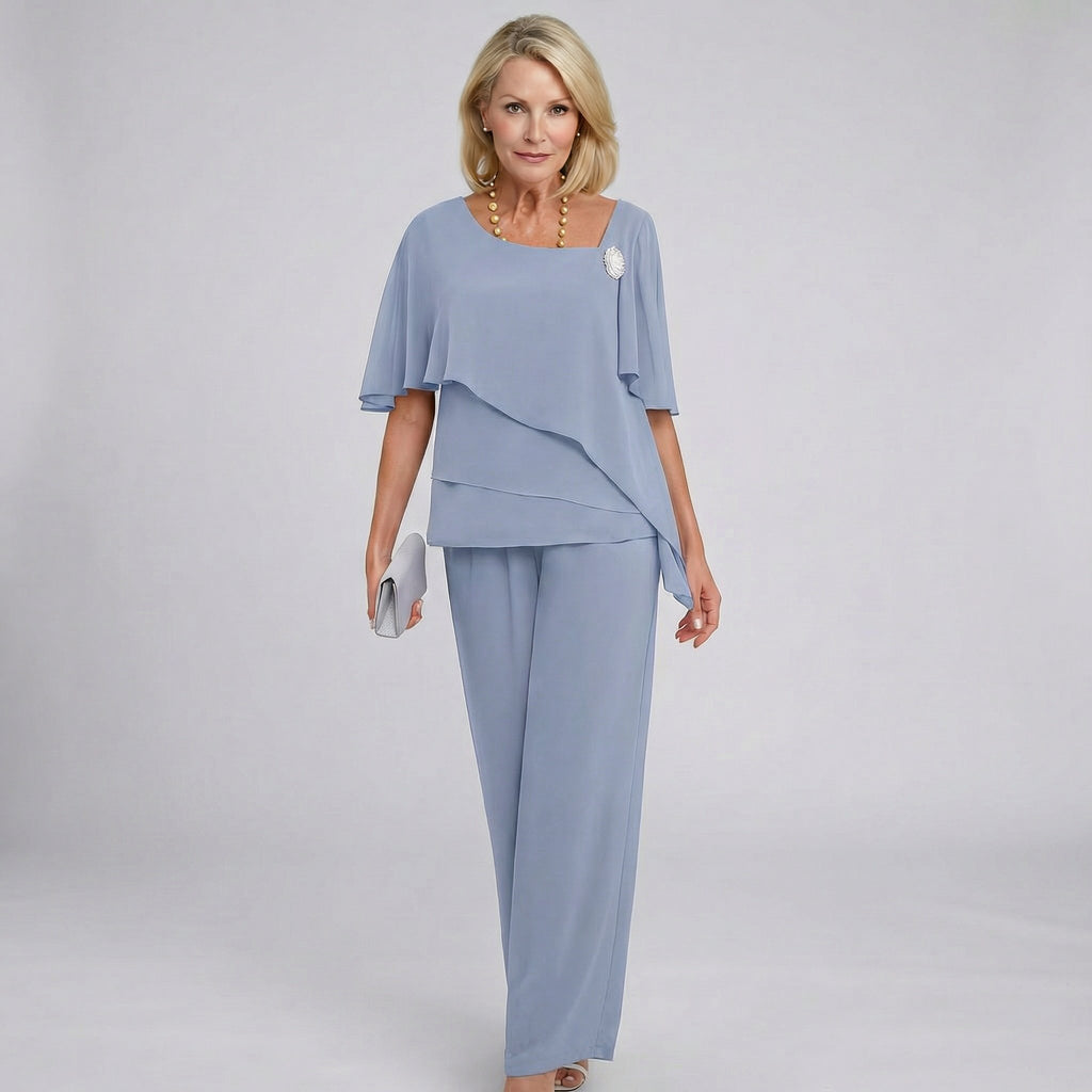 Women's Chiffon Cape Sleeve Wide Leg Pants Two-Piece Set - Grey-Blue