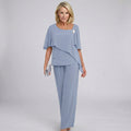 Women's Chiffon Cape Sleeve Wide Leg Pants Two-Piece Set - Grey-Blue