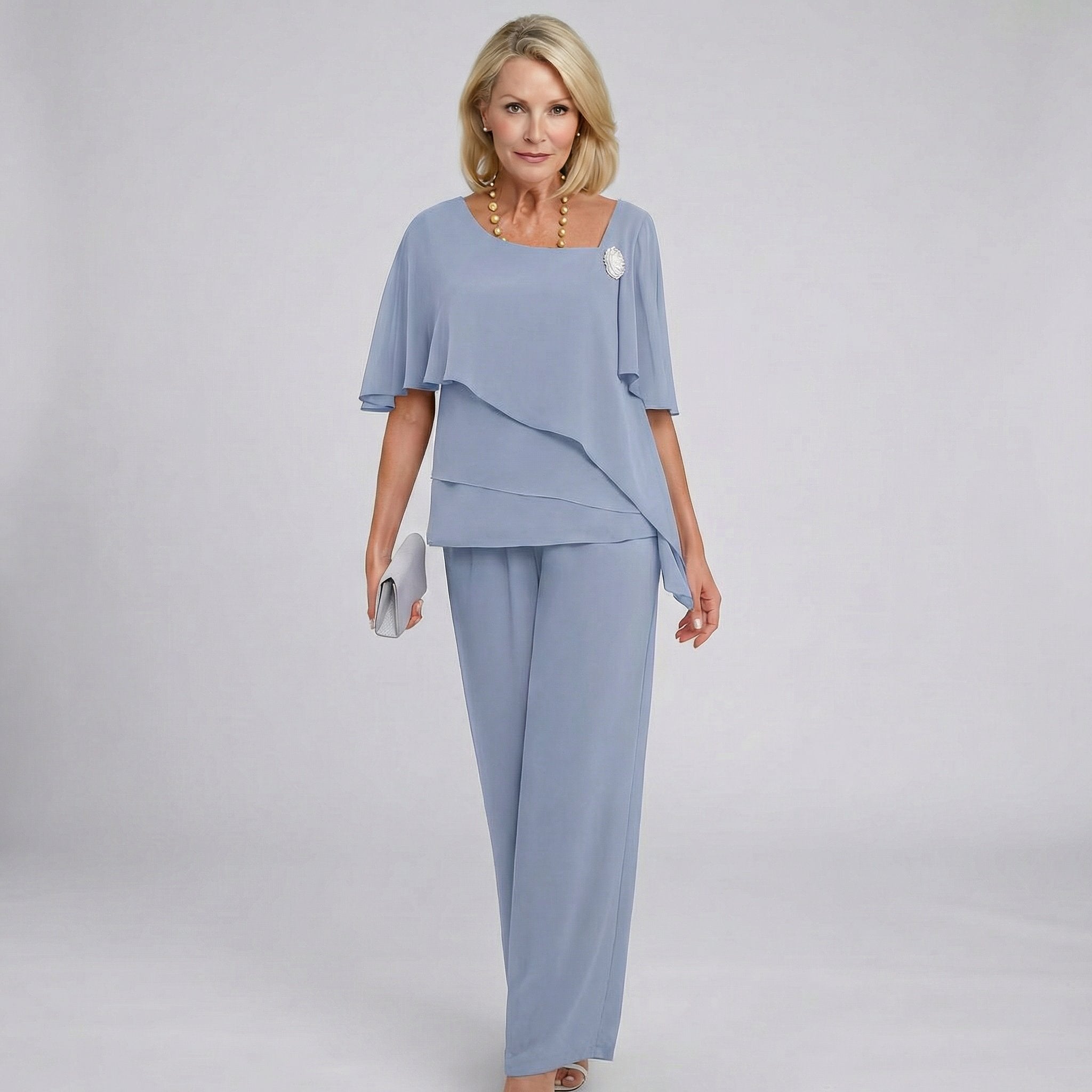 Women's Chiffon Cape Sleeve Wide Leg Pants Two-Piece Set - Grey-Blue