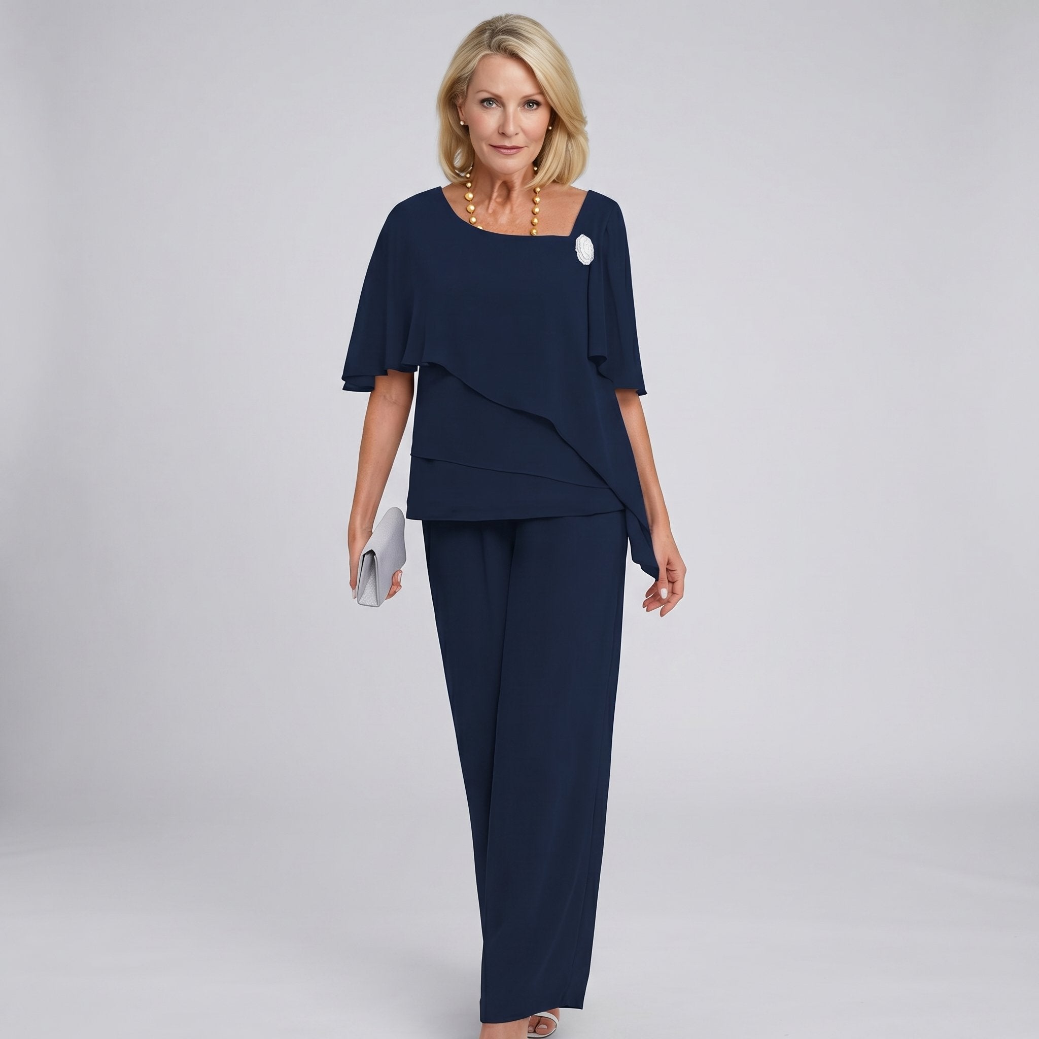 Women's Chiffon Cape Sleeve Wide Leg Pants Two-Piece Set - Navy Blue