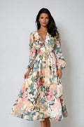 Women's Chiffon Floral Puff-Sleeve V-Neck Midi Dress