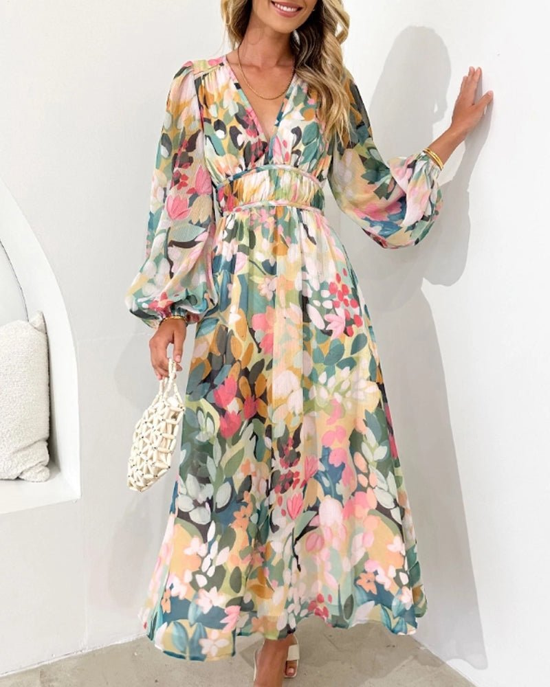 Women's Chiffon Floral Puff-Sleeve V-Neck Midi Dress
