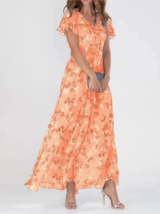 Women's Chiffon Floral V-Neck Flutter Sleeve Maxi Dress - Orange