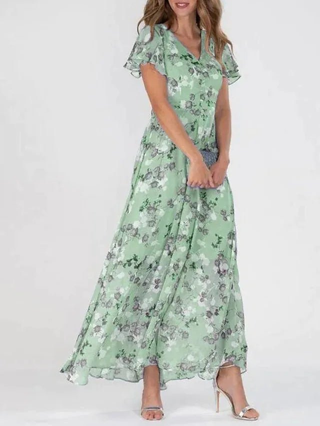 Women's Chiffon Floral V-Neck Flutter Sleeve Maxi Dress - Light Green