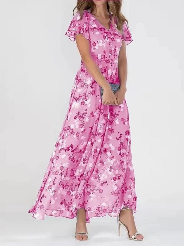 Women's Chiffon Floral V-Neck Flutter Sleeve Maxi Dress - Dark Pink