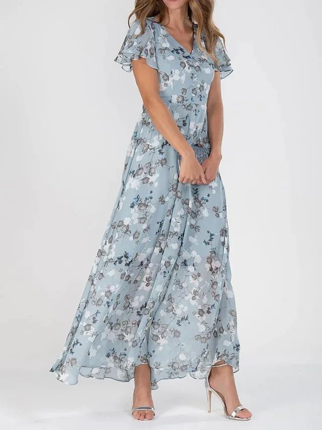 Women's Chiffon Floral V-Neck Flutter Sleeve Maxi Dress - Light Blue