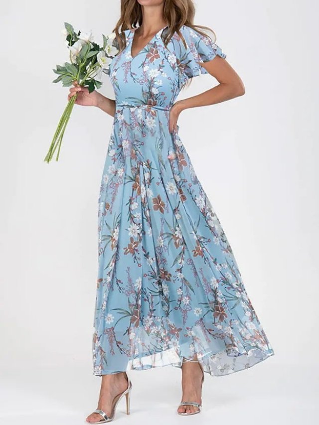 Women's Chiffon Floral V-Neck Flutter Sleeve Maxi Dress - Light Blue 2