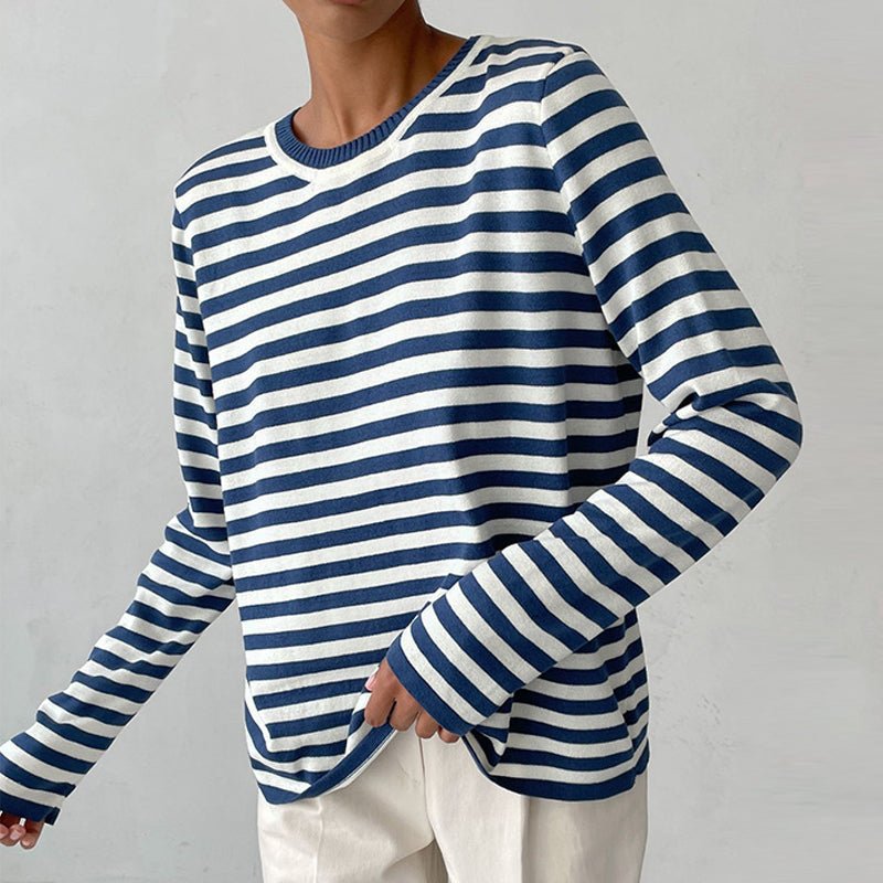 Women's Classic Navy Blue Striped Long-Sleeve Cotton Sweater - Blue