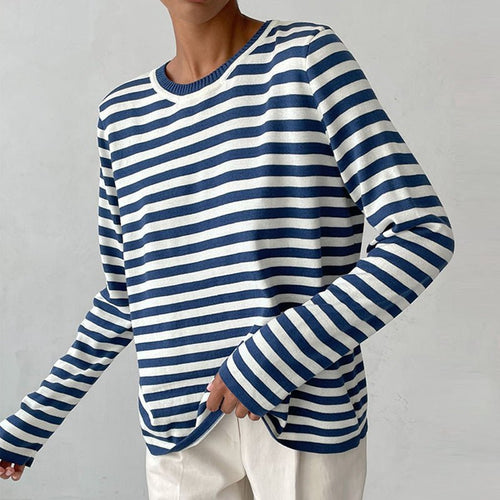 Women's Classic Navy Blue Striped Long-Sleeve Cotton Sweater - Blue