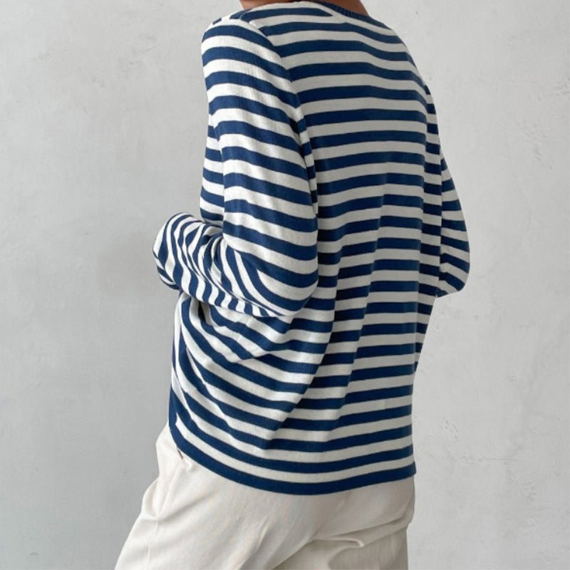Women's Classic Navy Blue Striped Long-Sleeve Cotton Sweater