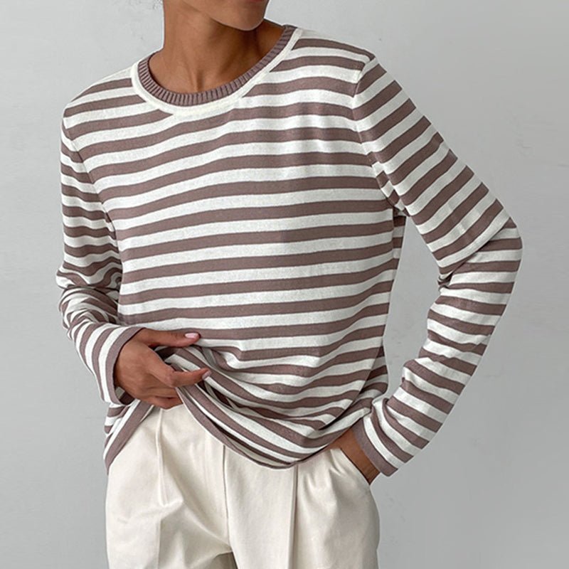 Women's Classic Navy Blue Striped Long-Sleeve Cotton Sweater - Brown