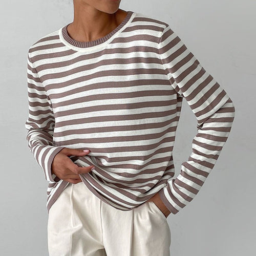 Women's Classic Navy Blue Striped Long-Sleeve Cotton Sweater - Brown