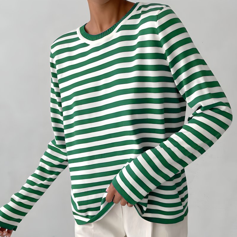 Women's Classic Navy Blue Striped Long-Sleeve Cotton Sweater - Green