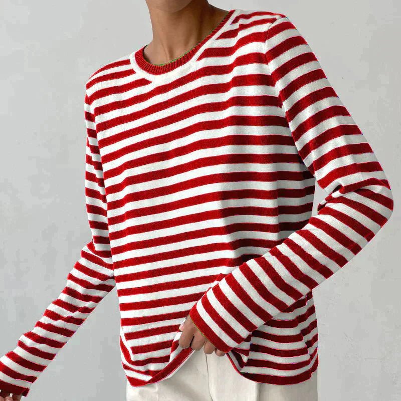 Women's Classic Navy Blue Striped Long-Sleeve Cotton Sweater - Red