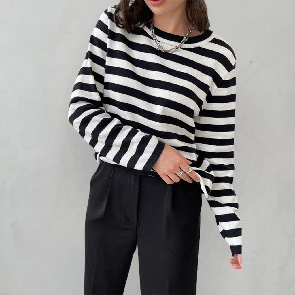 Women's Classic Navy Blue Striped Long-Sleeve Cotton Sweater - Black