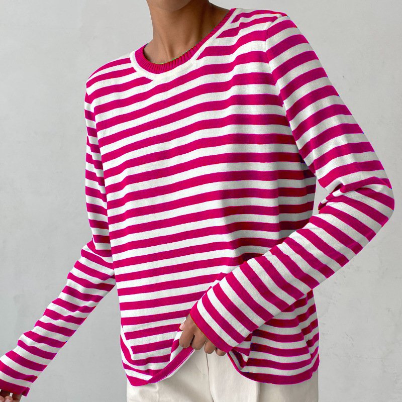 Women's Classic Navy Blue Striped Long-Sleeve Cotton Sweater - Pink