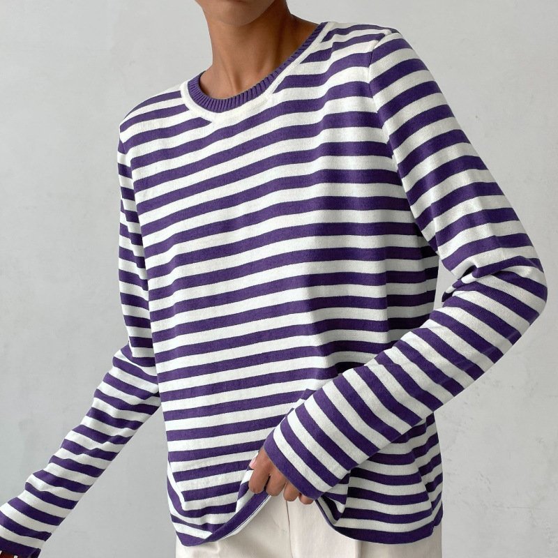 Women's Classic Navy Blue Striped Long-Sleeve Cotton Sweater - Purple