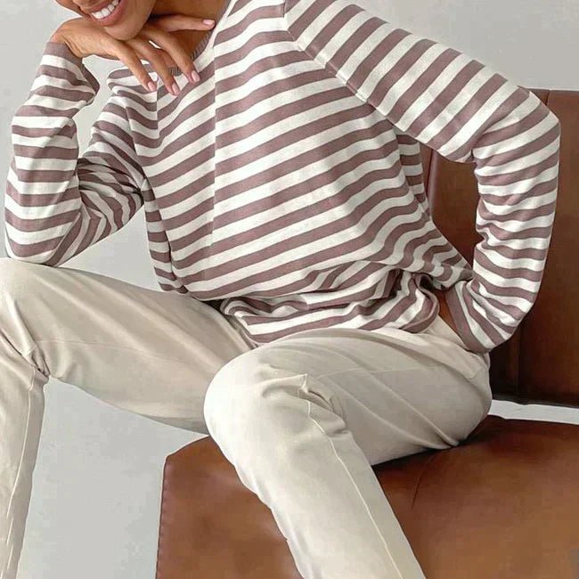 Women's Classic Navy Blue Striped Long-Sleeve Cotton Sweater