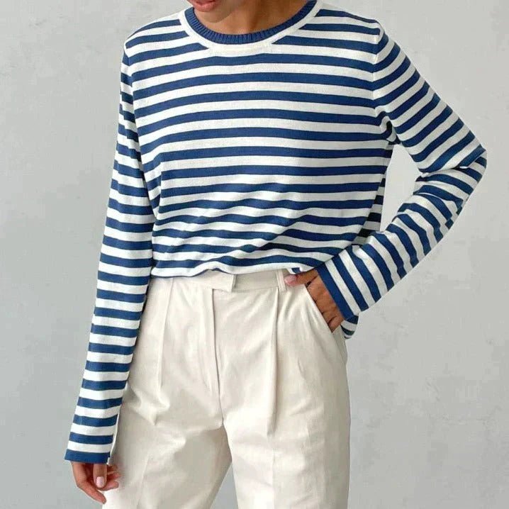 Women's Classic Navy Blue Striped Long-Sleeve Cotton Sweater